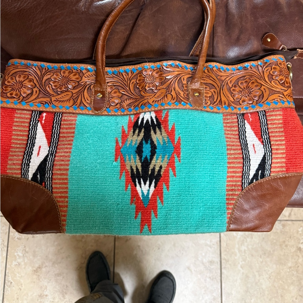 Handcrafted Leather and Woven Tote Bag - Multicolor